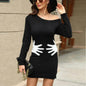 Ins Palm Print Design Winter Knit Dress Fashion Slant Shoulder Long Sleeve Bodycon Dress Women's Clothing - www.Shopthatapp.com