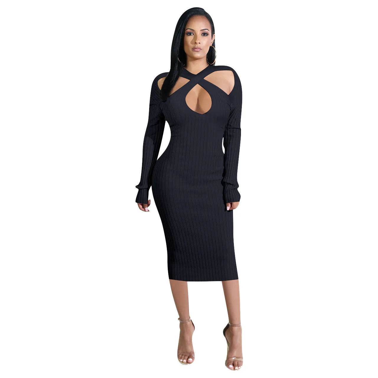 Chic V-neck Long Sleeve  Midi  Party Club Bodycon Pencil Dress - www.Shopthatapp.com