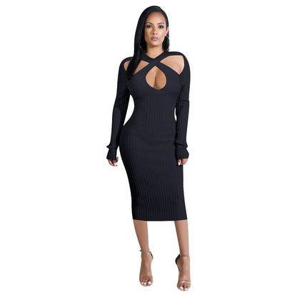 Chic V-neck Long Sleeve  Midi  Party Club Bodycon Pencil Dress - www.Shopthatapp.com
