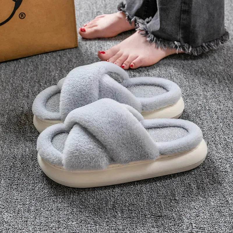 Women's Platform Fuzzy Home Slippers Winter Open Toe Criss-cross Solid Color Casual Floor Slides Indoor Flat Comfy House Shoes - www.Shopthatapp.com