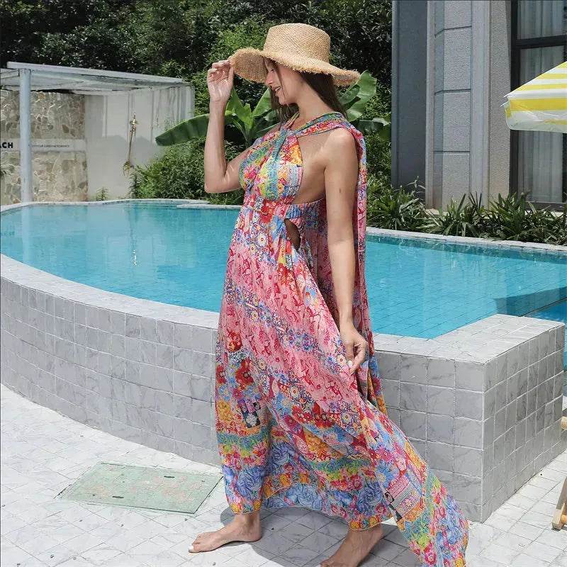 Casual Women's Floral Style Large Hem Cross Open Back Dress - www.Shopthatapp.com