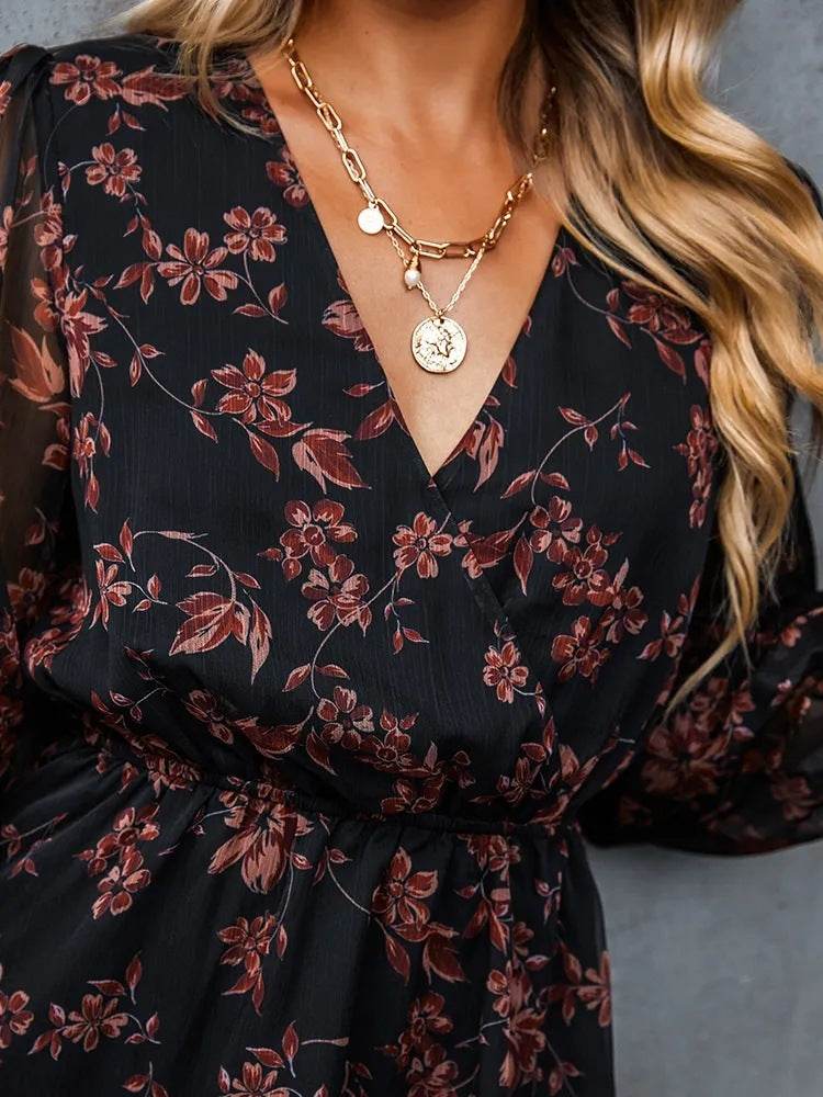 Casual V-neck Summer Spring Long Sleeve Floral mini Chiffon Dress