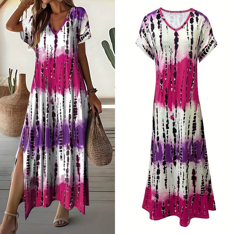 Women's Summer Tie Dye Maxi Dress Short Sleeve V Neck Casual Loose Long Split Dresses - www.Shopthatapp.com