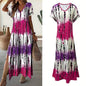 Women's Summer Tie Dye Maxi Dress Short Sleeve V Neck Casual Loose Long Split Dresses - www.Shopthatapp.com