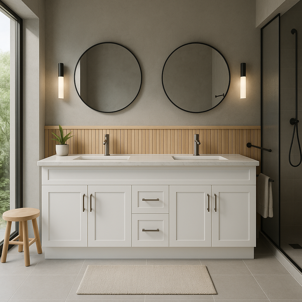 72-Inch Double Sink Shaker Bathroom Vanity — White or Gray | Plywood Cabinet, Solid-Wood Doors, Soft-Close 3-Way Clip-On Hinges | Center 2 Drawers - www.Shopthatapp.com