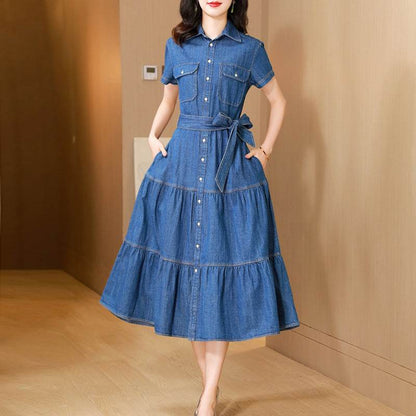 Classy Elegant Single Breasted Denim flared Midi Dress - www.Shopthatapp.com
