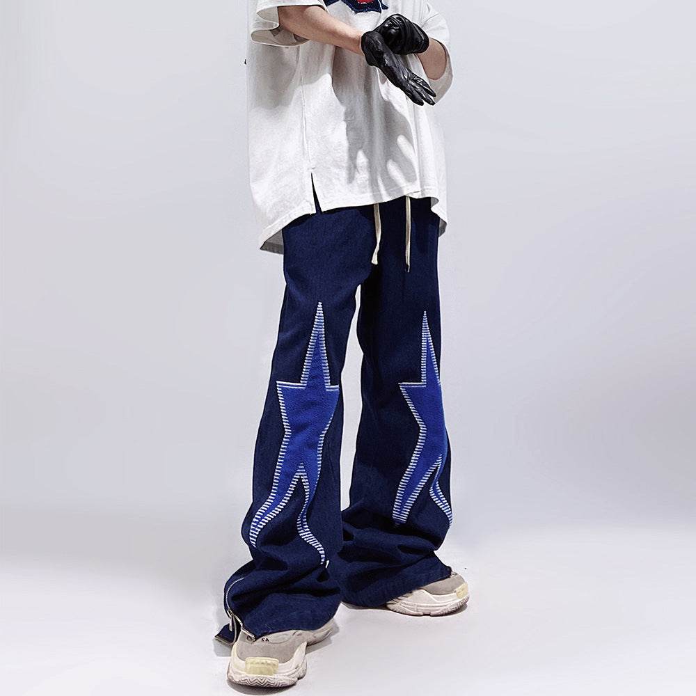 Five-pointed Star Embroidery Denim Horn Loose Straight Casual All-match Mop Jeans Baggy Trousers Men - www.Shopthatapp.com