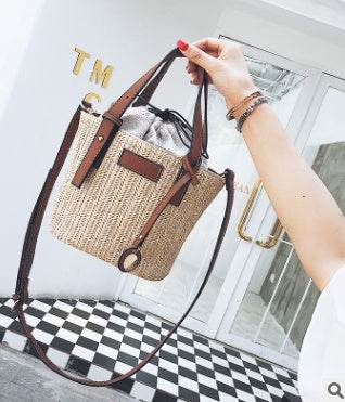Women's bag hand-woven contrast color bucket straw bag cylinder handbag diagonal shoulder beach bag - www.Shopthatapp.com
