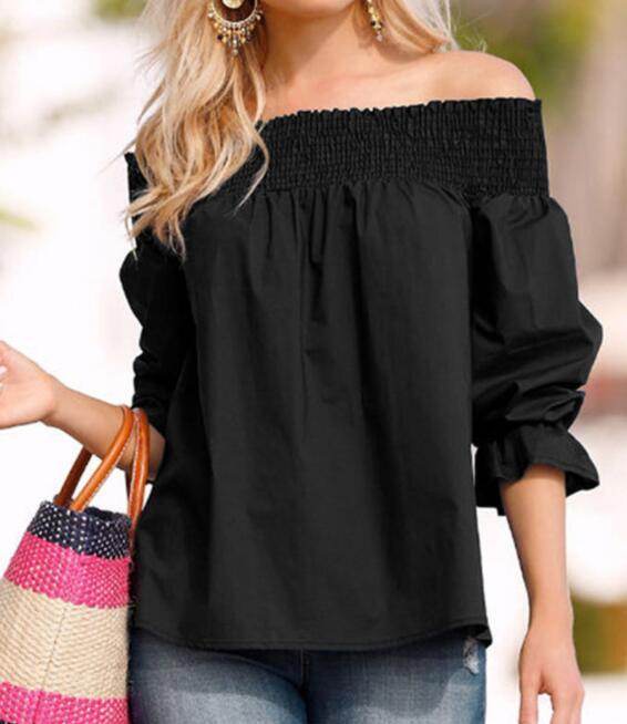 Spring Summer Women Off Shoulder Strapless Blouse top Bowknot Slash Neck Casual Loose Plus Size top - www.Shopthatapp.com