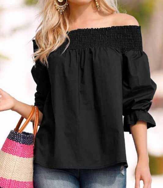 Spring Summer Women Off Shoulder Strapless Blouse top Bowknot Slash Neck Casual Loose Plus Size top - www.Shopthatapp.com