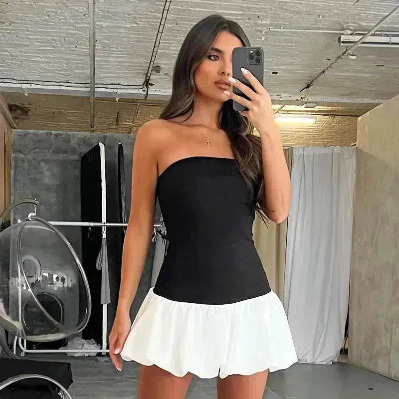 Chic Tube Top Dress Summer Solid Color Pleated Skirt Dress Women Fashion Short Mini Skater Dresses  Evening Party Cocktail Dress for Ladies - www.Shopthatapp.com