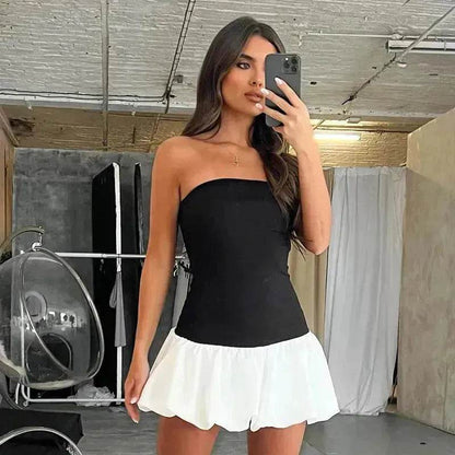 Chic Tube Top Dress Summer Solid Color Pleated Skirt Dress Women Fashion Short Mini Skater Dresses  Evening Party Cocktail Dress for Ladies - www.Shopthatapp.com