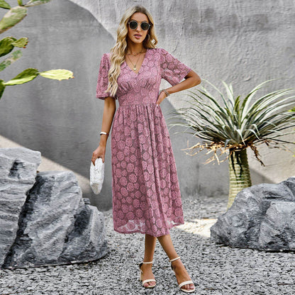 Fashion V-neck Lace Dress Summer Elegant Short Sleeve Long Dresses For Women - www.Shopthatapp.com