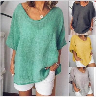 Spring Summer Loose Short Sleeves cotton linen blouse top Women Summer Tops - www.Shopthatapp.com