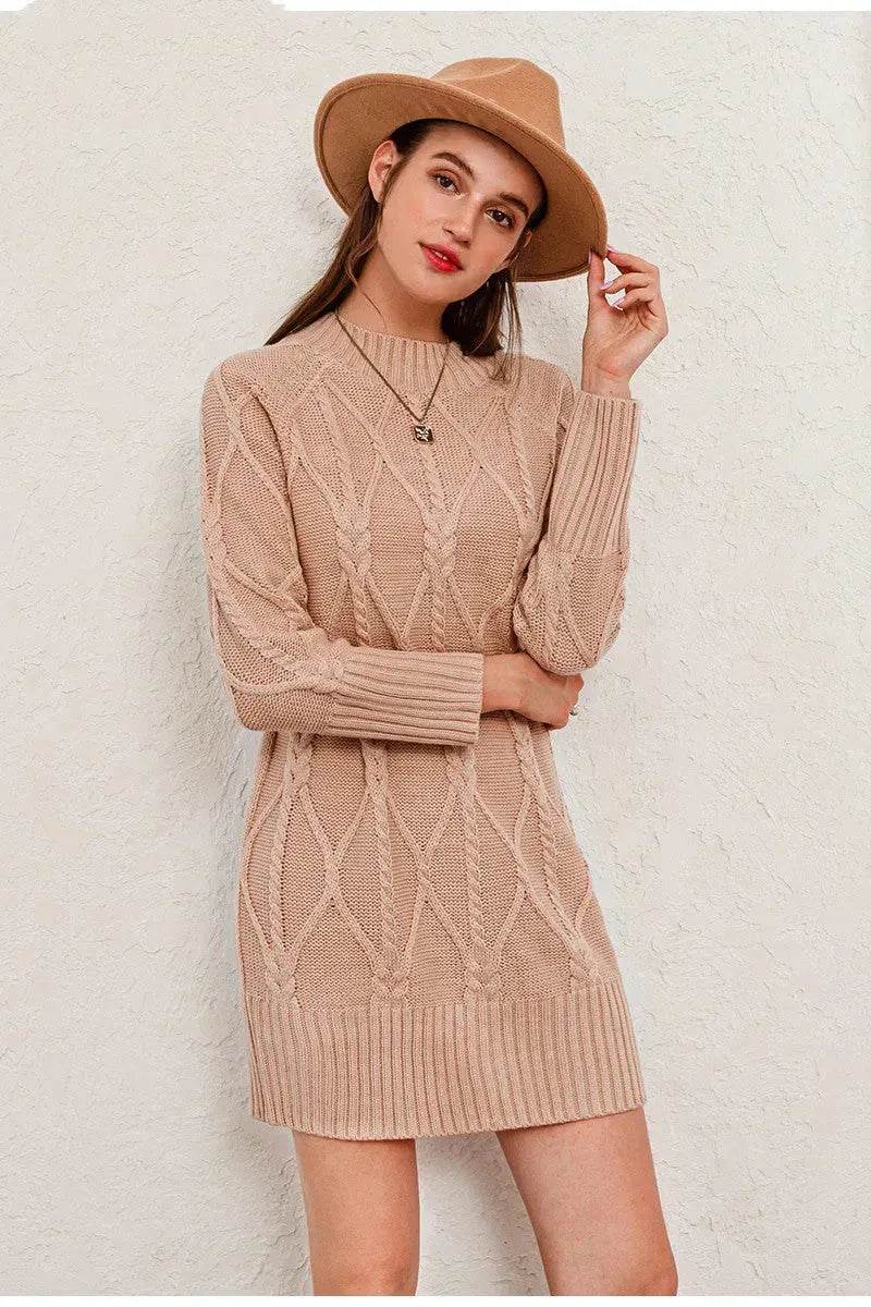 Autumn Winter Round Neck Mini Knitted Wool Sweater Dress - www.Shopthatapp.com