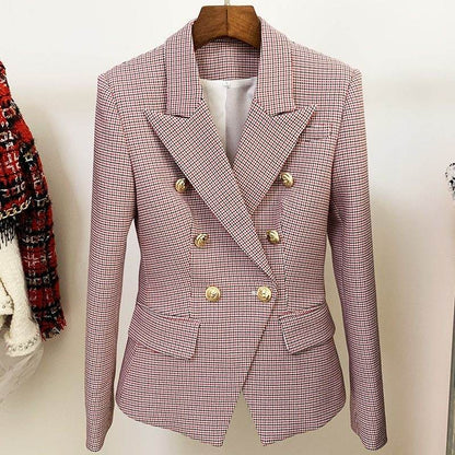 Houndstooth Small Jacket Women Long-Sleeved Double-Breasted Plaid Blazer - www.Shopthatapp.com