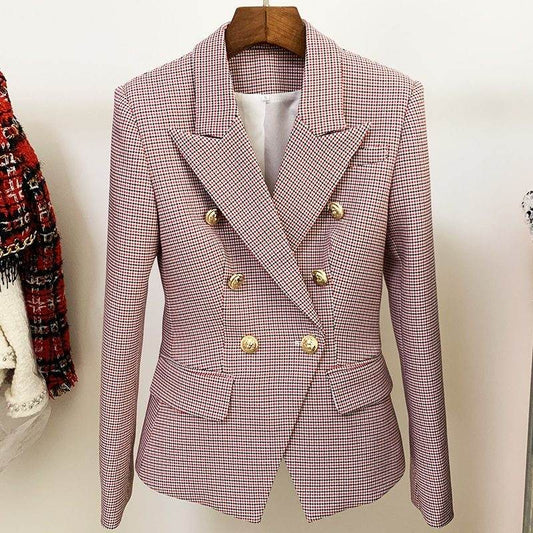 Houndstooth Small Jacket Women Long-Sleeved Double-Breasted Plaid Blazer - www.Shopthatapp.com