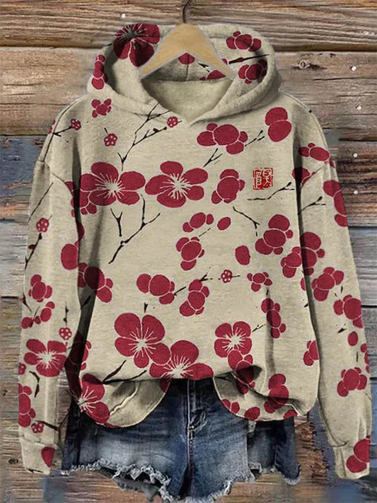 Women Fashion Spring And Autumn Plum Blossom Hooded Super Plus Size Loose-fitting Casual Pullover - www.Shopthatapp.com