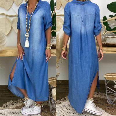 New washed denim dress Side Split Loose Mum Long Jeans Dress - www.Shopthatapp.com