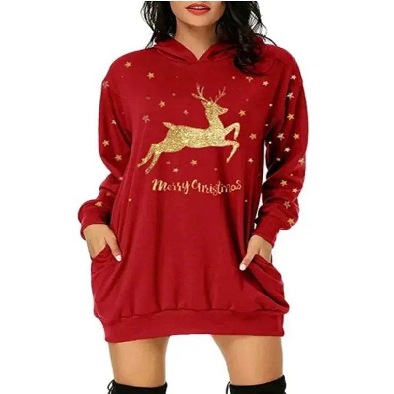 Christmas hot sale printed mid-length pocket hooded long-sleeved sweater - www.Shopthatapp.com