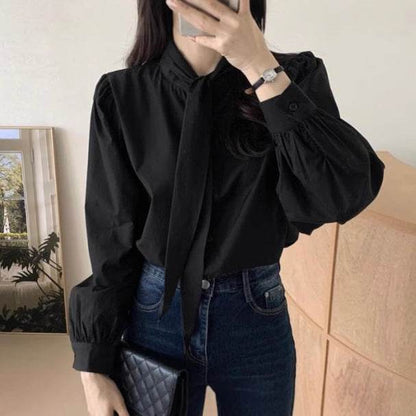 Spring New Gentle Lace-up Bow Tie Design Puff Sleeve Solid Color Shirt For Women - www.Shopthatapp.com