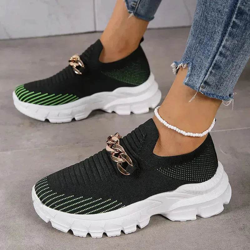 Fashion Chain Design Mesh Shoes For Women Breathable Casual Soft Sole Walking Sock Slip On Flat Chunky Sneakers Shoes for Women - www.Shopthatapp.com