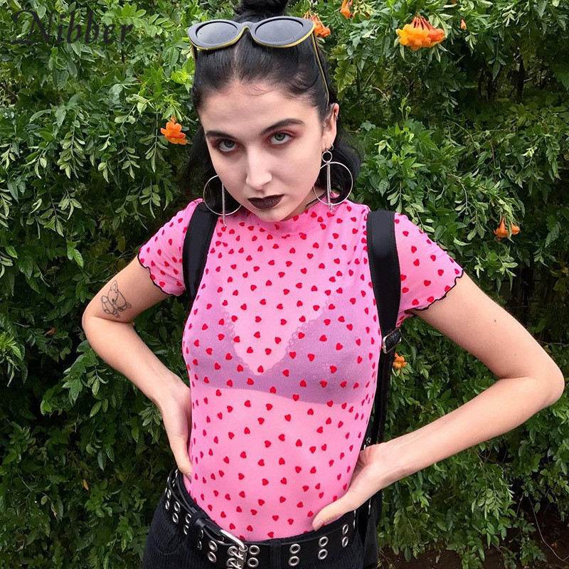 Nibber new Women Heart-shaped Print Pink see-through Tops Tee summer fashion wild Elastic Slim Soft O-Neck short sleeve Tank top - www.Shopthatapp.com