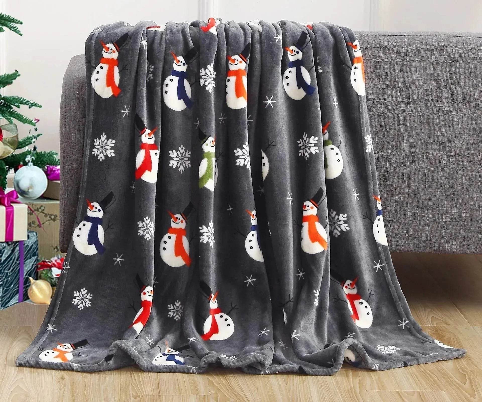 Christmas Elk Snowman Santa Claus Print Blanket Winter Double-sided Flannel Blanket For Sofa Sleeping Shawl - www.Shopthatapp.com