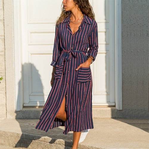 Stripe Shirt Women's Dress Spring Summer Chiffon V-neck Sexy Maxi Dresses Sexy Elegant Casual Girl Lace Women Long Sleeve - www.Shopthatapp.com