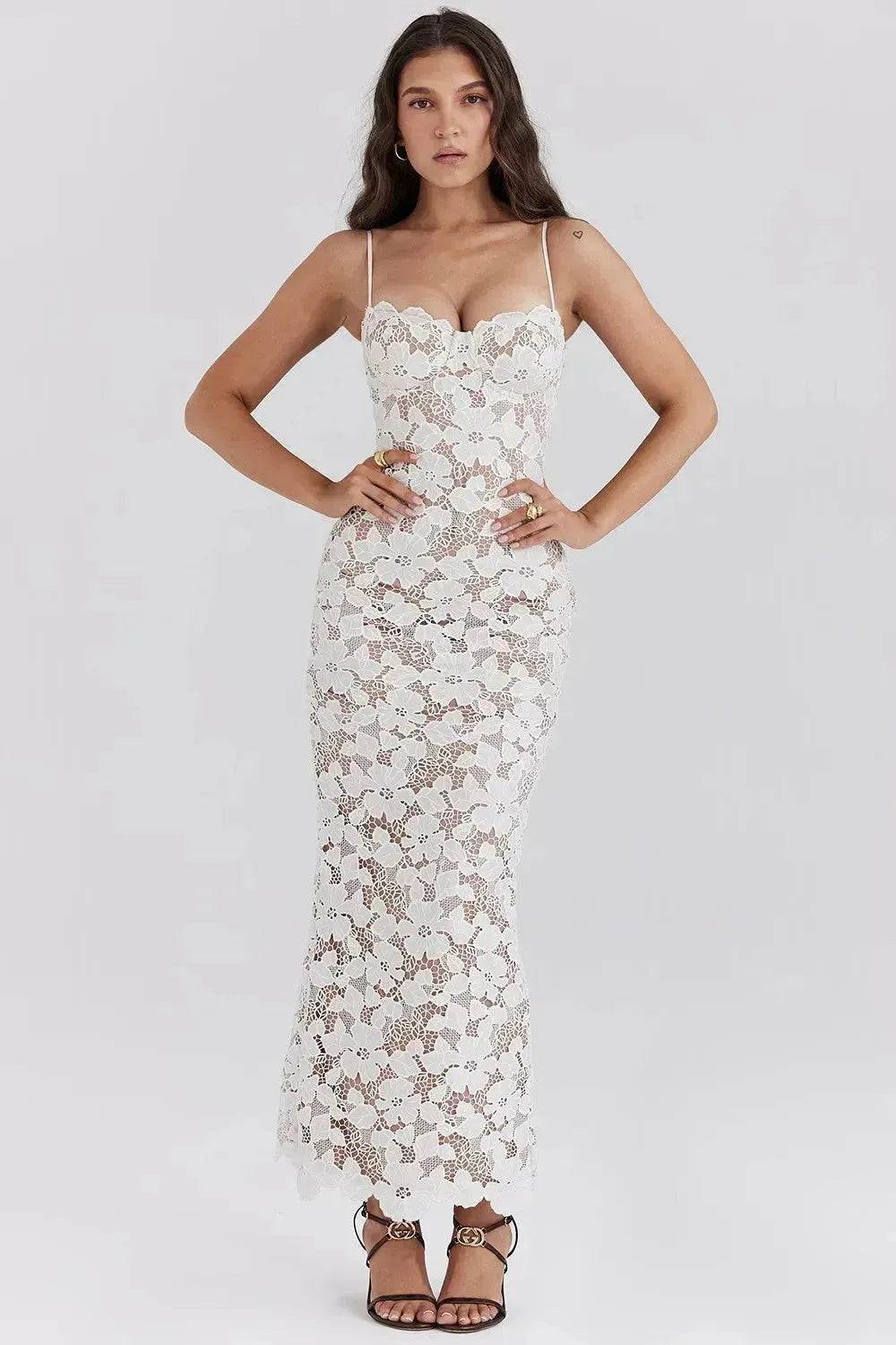 White Lace Wedding Dinner Party Cocktail Bodycon Spaghetti Strap Split Long Dress - www.Shopthatapp.com