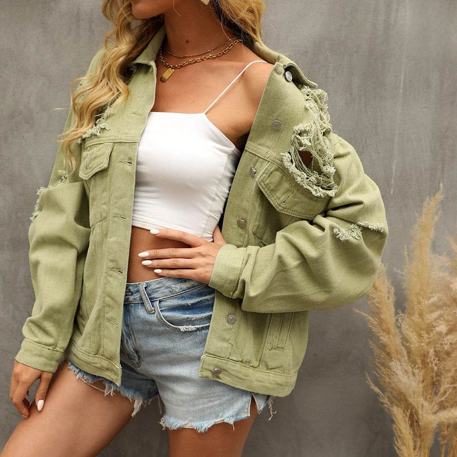 Perforated Coat Pocket Raglan Loose Jacket Women Denim - www.Shopthatapp.com