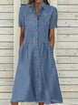 Women's European And American Lapel Casual loose button down Midi Denim jeans Mum Dress - www.Shopthatapp.com