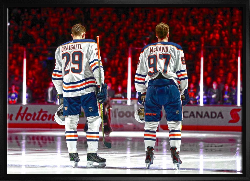 Connor McDavid and Leon Draisaitl Edmonton Oilers Framed 20x29 Line-Up Canvas - www.Shopthatapp.com