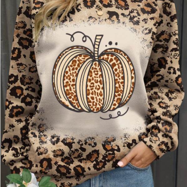 Brown Bleached Halloween Pumpkin Leopard Print Sweatshirt - www.Shopthatapp.com