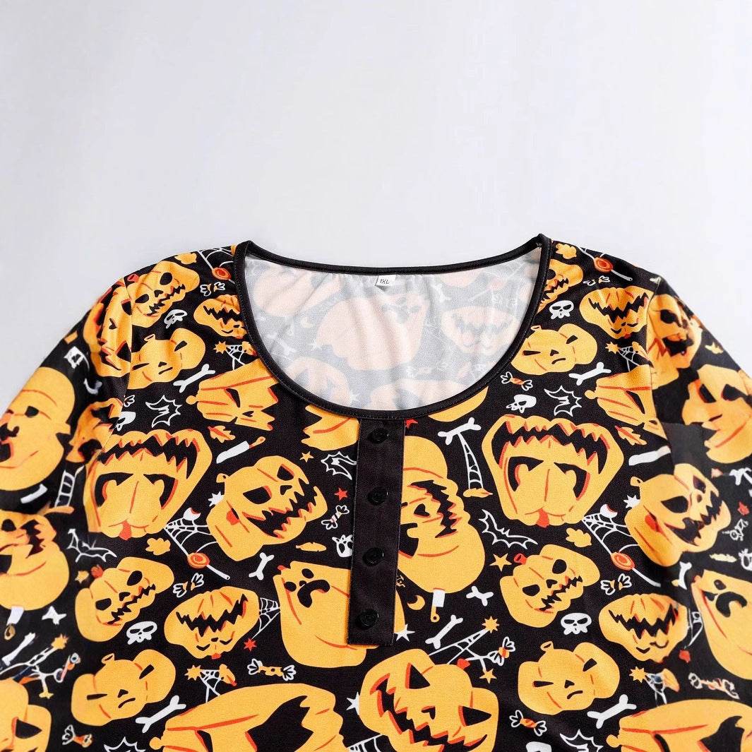 Halloween Printed Round Neck Long Sleeve Plus Size Dress - www.Shopthatapp.com