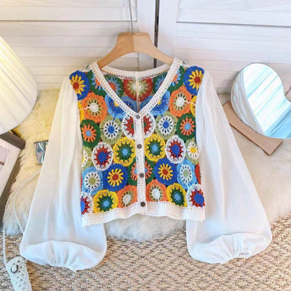 Summer Vacation Style Crocheted Hollow Design Knitted Chiffon Patchwork Long Sleeve Retro Slimming V-neck blouse top For Women - www.Shopthatapp.com