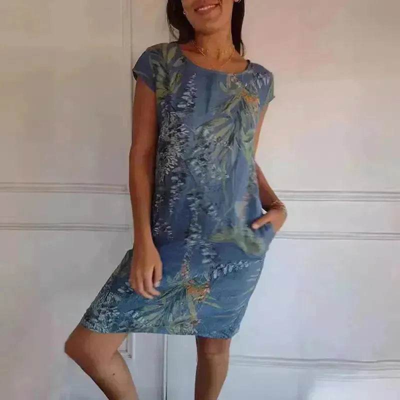 Casual Floral Printed Straight Dress Summer Loose Round Neck Short Sleeve Midi Dresses Womens Clothing - www.Shopthatapp.com