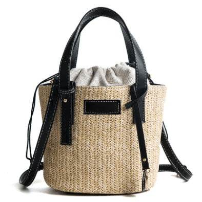 Women's bag hand-woven contrast color bucket straw bag cylinder handbag diagonal shoulder beach bag - www.Shopthatapp.com
