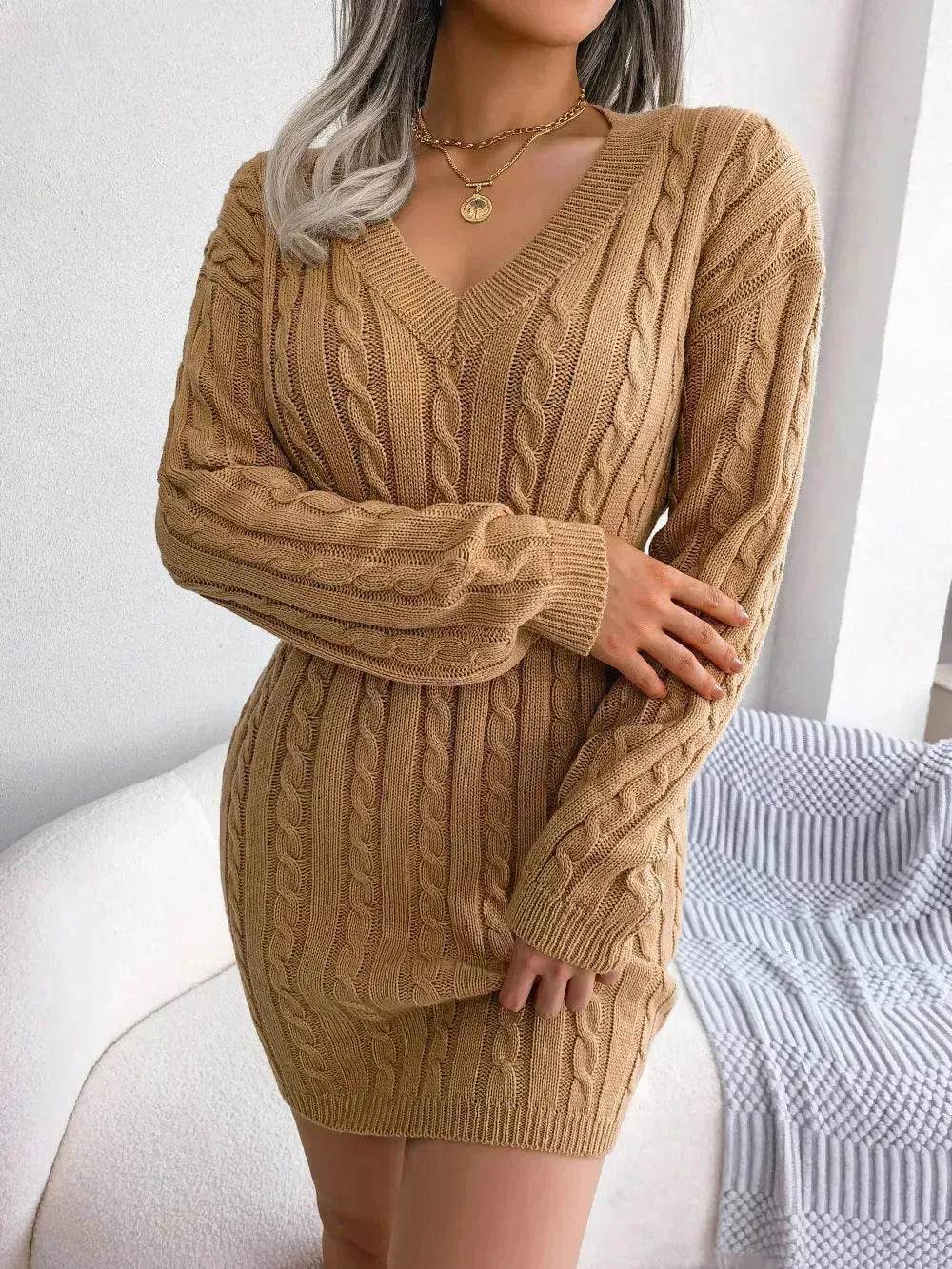 Solid Color V-Neck Long Sleeve Slim fit Winter Knit Mini  sweater Dress Slim - www.Shopthatapp.com