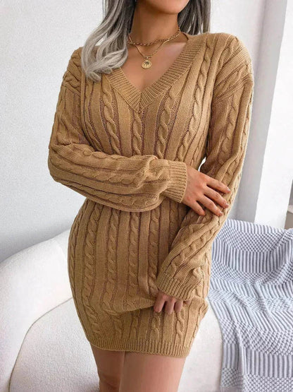 Solid Color V-Neck Long Sleeve Slim fit Winter Knit Mini  sweater Dress Slim - www.Shopthatapp.com