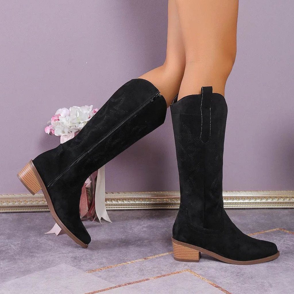 Women's Retro Pointed Toe Chunky Heel Solid Color Side Zipper Mid-calf Cowboy Boot - www.Shopthatapp.com