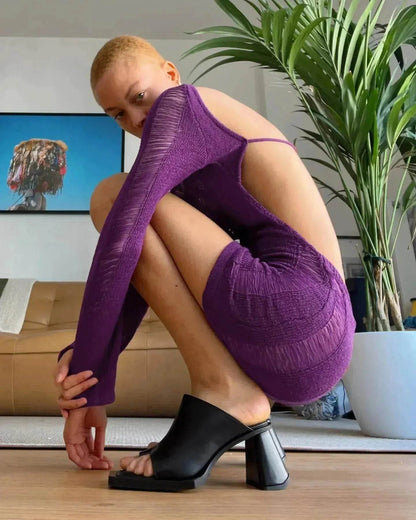 Women Fashion Slim Fit Hollow Long Sleeve Dress Y2K Charming Backless Hip-hugging Short Mini Suspender Dresses for Club Party - www.Shopthatapp.com