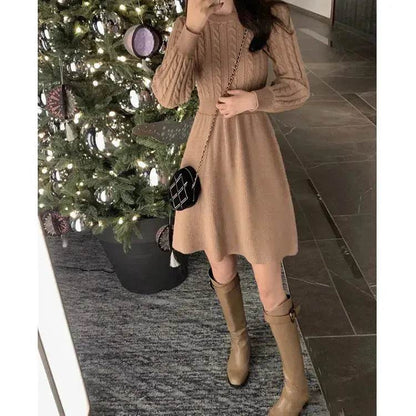 Autumn Winter Knitted Slim Fit Round neck Mini Flared Sweater dress - www.Shopthatapp.com