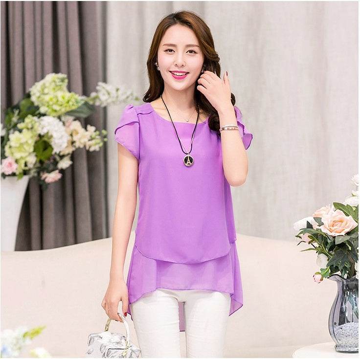 New Spring Summer Women Chiffon Loose Blouse  top O-Neck Short sleeve Plus size - www.Shopthatapp.com