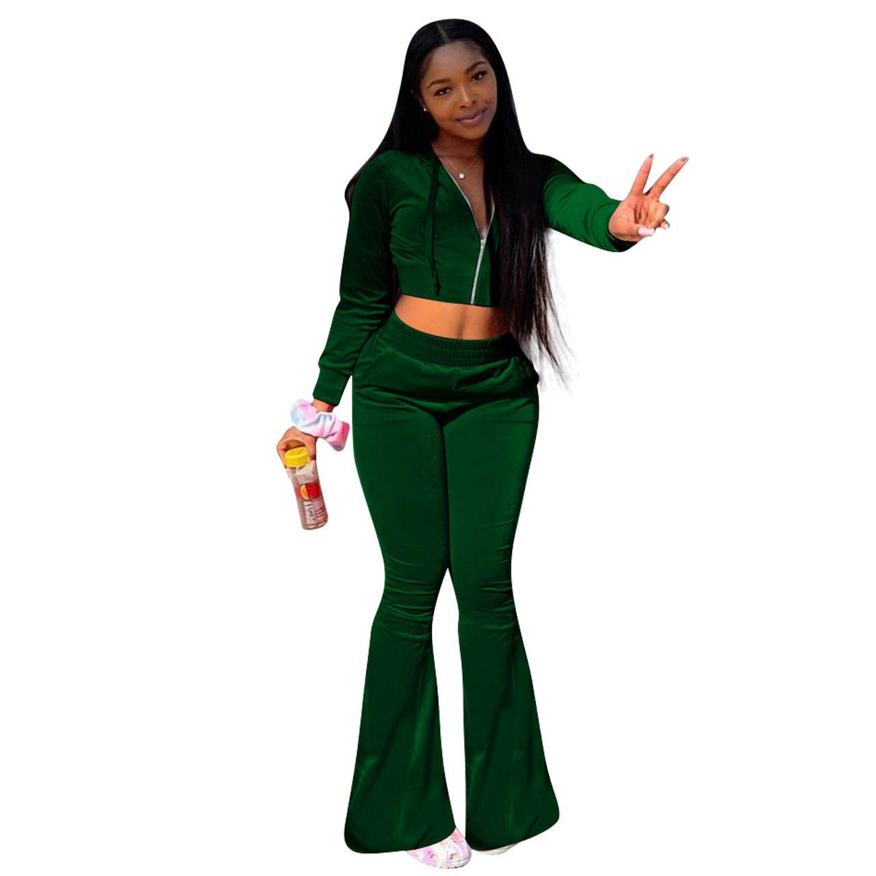 Women 2pcs Velvet Hoodie Wide leg Pant Crop top sweatsuit Athleisure Outfit - www.Shopthatapp.com