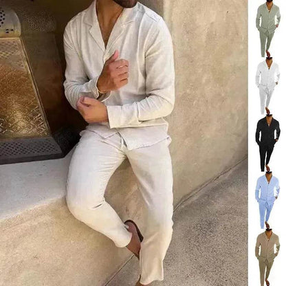 Casual Long-sleeved Suits Fashion Lapel Single-breasted Shirt Top And Slim-fit Trousers Men Clothing Two piece suit for Men - www.Shopthatapp.com