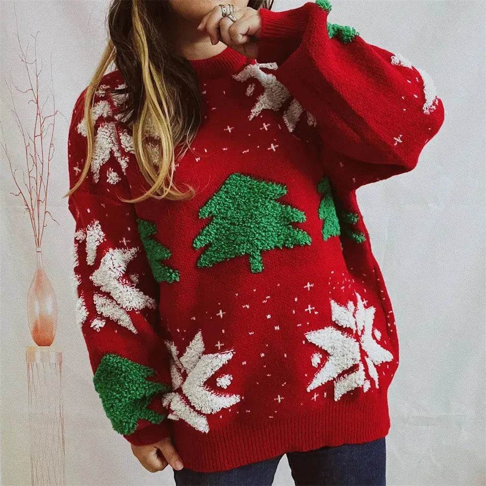 Women's Fashion Christmas Tree Jacquard Round Neck Long Sleeve Pullover Sweater top - www.Shopthatapp.com