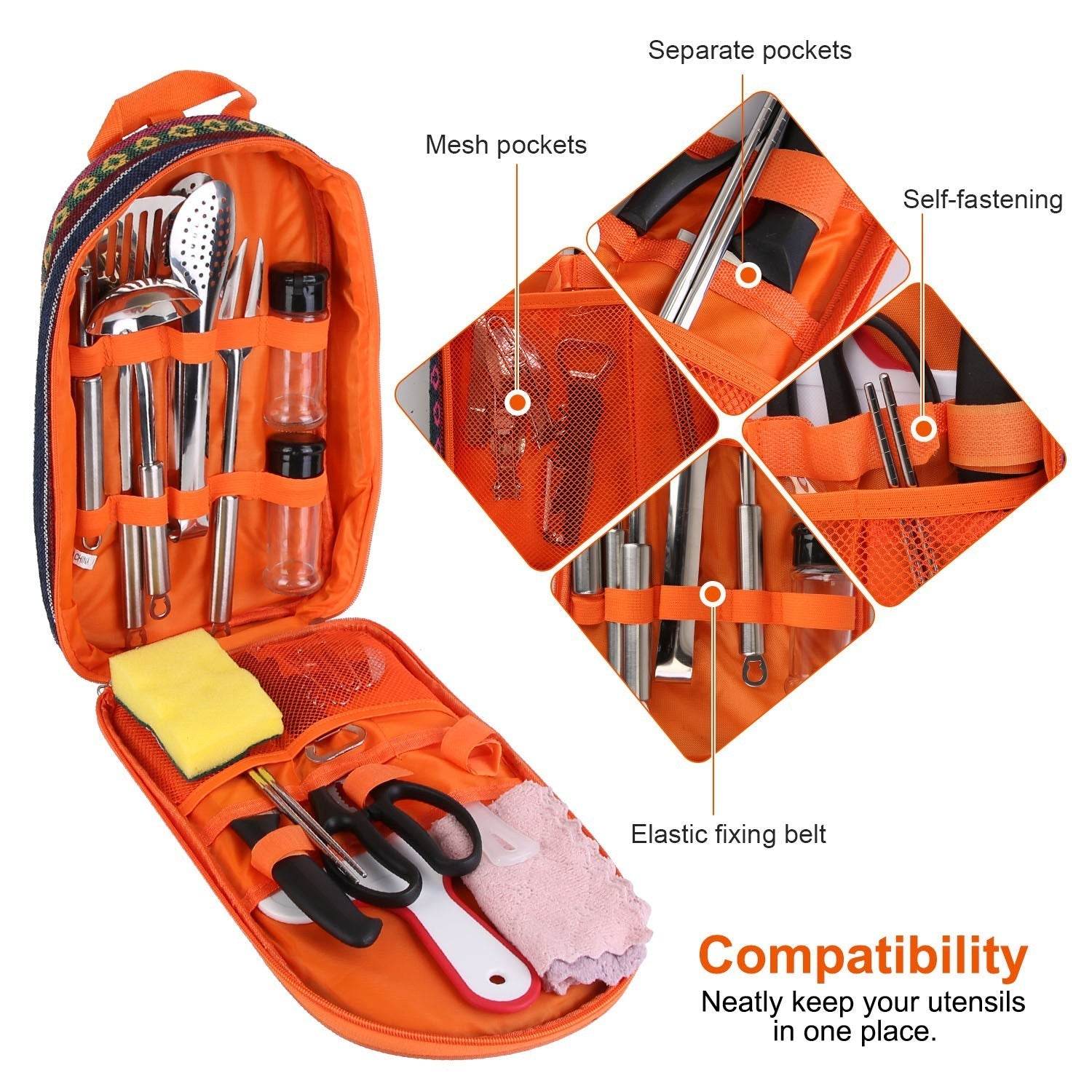 Camping Cooking Utensil Kit 19Pcs Portable Picnic Cookware Outdoor Kitchen Equipment Gear Campfire Barbecue Appliances With Storage Bag - www.Shopthatapp.com