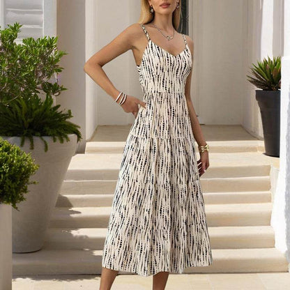 Women's Striped V-Neck Backless Tie Strap Beach Dress - Sexy Elegant Summer Maxi Dress - www.Shopthatapp.com