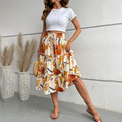 Women's Floral Tiered Midi Skirt Elastic Waist Dressy Casual A-line Flowy Boho Skirts - www.Shopthatapp.com